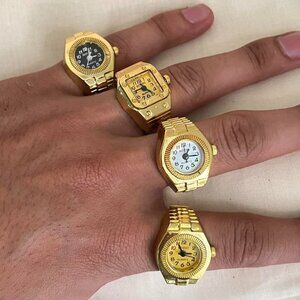 y2k 2000s vintage retro gold Tone Watch Ring with Round and square face